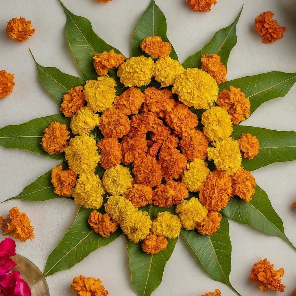 Rangoli Designs with Mango Leaves and Marigold Flowers