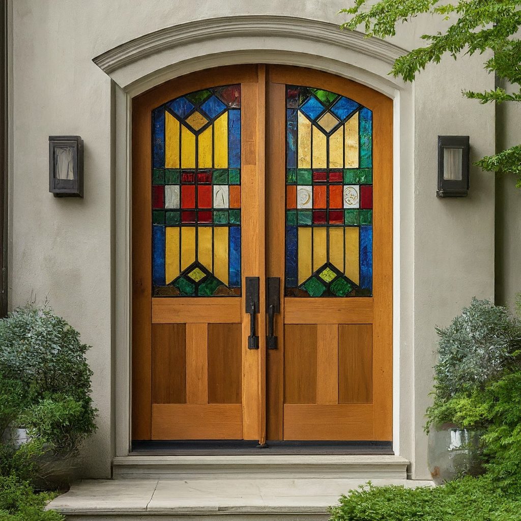 Craftsman-Style Doors with Geometric Motifs and Stained Glass Inserts